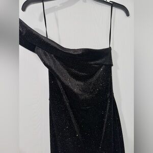 Black velvet gown one shoulder gown with sparkles.